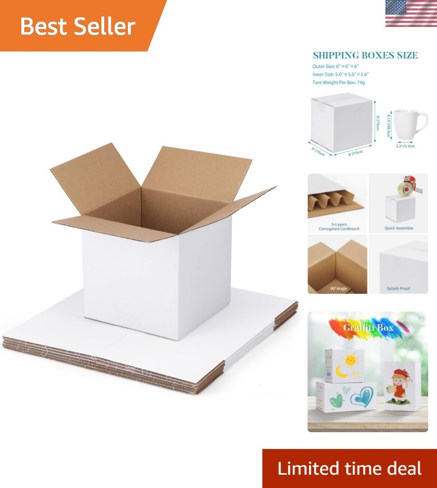 Shipping Boxes 6x6x6 Set of 6, White Corrugated Cardboard Box for Mailing Bus…