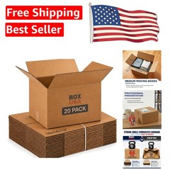 Pack of 20 Medium Corrugated Moving Boxes – 65lbs Capacity 18″L x 14″W x 12″H