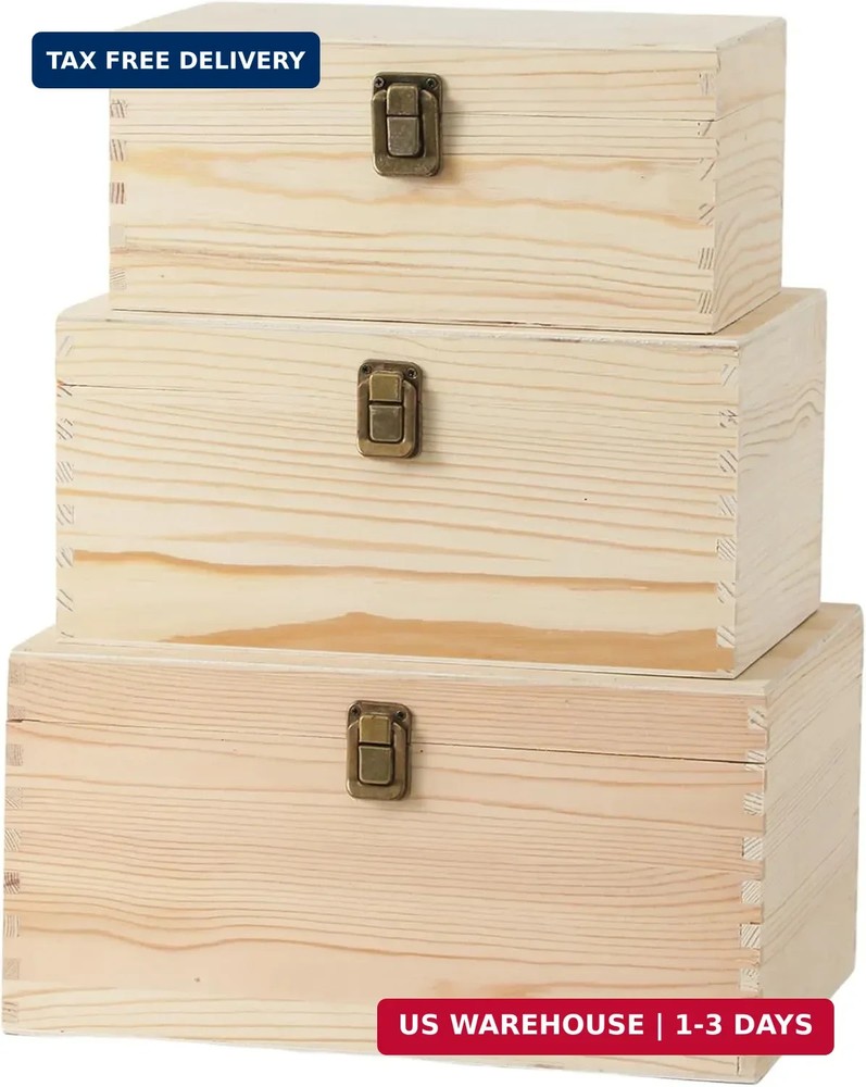 3 Pieces Wooden box 11.6X7.8X6-10.5X6.6X5.2-9.2X5.5X4.3 Inch with Hinged Lids an