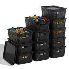 Black Plastic Storage Baskets with Lids 12 Pack Stackable Storage Bins Contai…