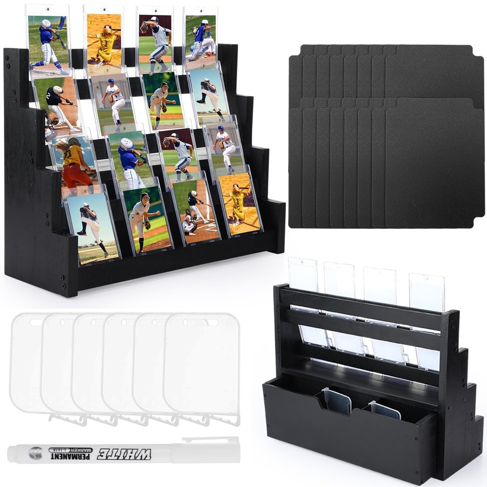 Trading Card Display with Drawer and Dividers 4 Tier Wood Trading Card Storag…