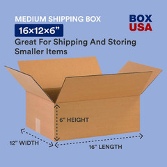 BOX USA 16 X 12 X 6 Corrugated Cardboard Boxes, Flat 16″L X 12″W X 6″H, Pack of
