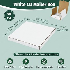 50 PCS 5 5/8″L× 5″W ×7/16″H CD Mailer Box, White CD Shipping Boxes, Corrugated C