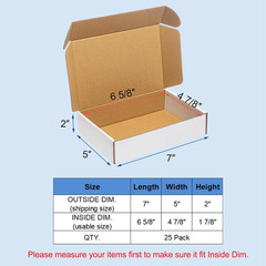 Shipping Boxes 7X5X2″ 25 Pack – White Corrugated Cardboard Box Mailers