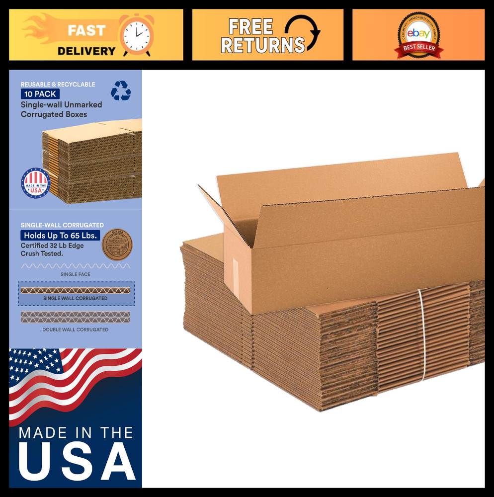 34″L x 10″W x 6″H Long Corrugated Shipping Boxes – 10-Pack for Moving, Packing,