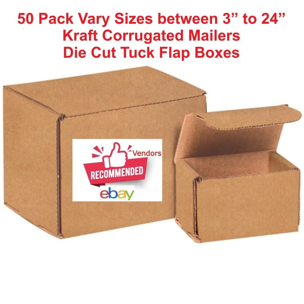 50 Vary Sizes 3”to 24” Kraft Corrugated Mailers Die Cut Tuck Flap Boxes