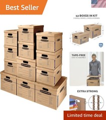Classic Moving Box 12 Pack Kit, Reinforced Handles, Tape-Free Assembly, Box w…
