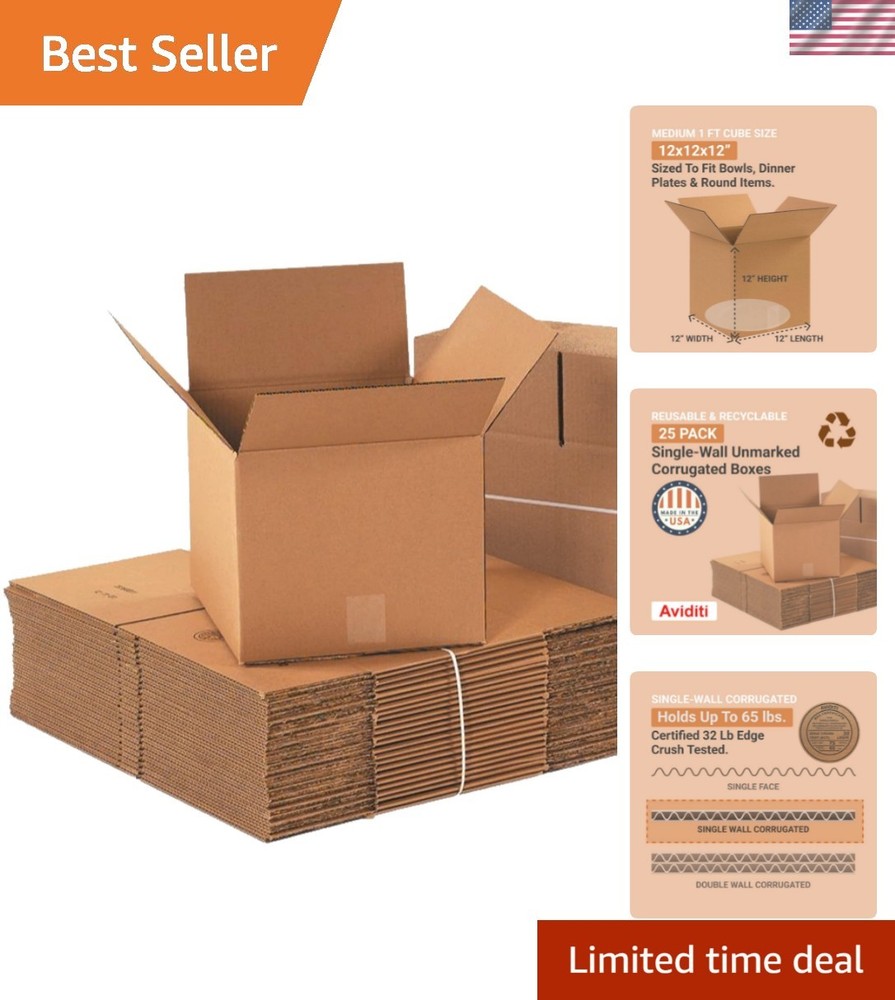 Space-Saving 25-Pack Small Shipping Boxes – 12″L x 12″W x 12″H, 65 lbs Capacity