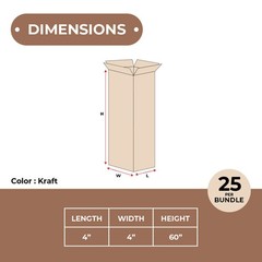 4 x 4 x 60″ Tall Corrugated Boxes ECT-32 Brown Shipping/Packing Boxes 25/Bundle