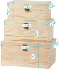 3 Pieces Wooden box 11.6X7.8X6-10.5X6.6X5.2-9.2X5.5X4.3 Inch with Hinged Lids an