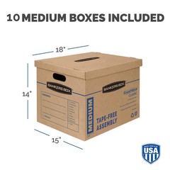 Bankers Box Medium Classic Moving Box 10 Pack, Reinforced Handles, Tape-Free
