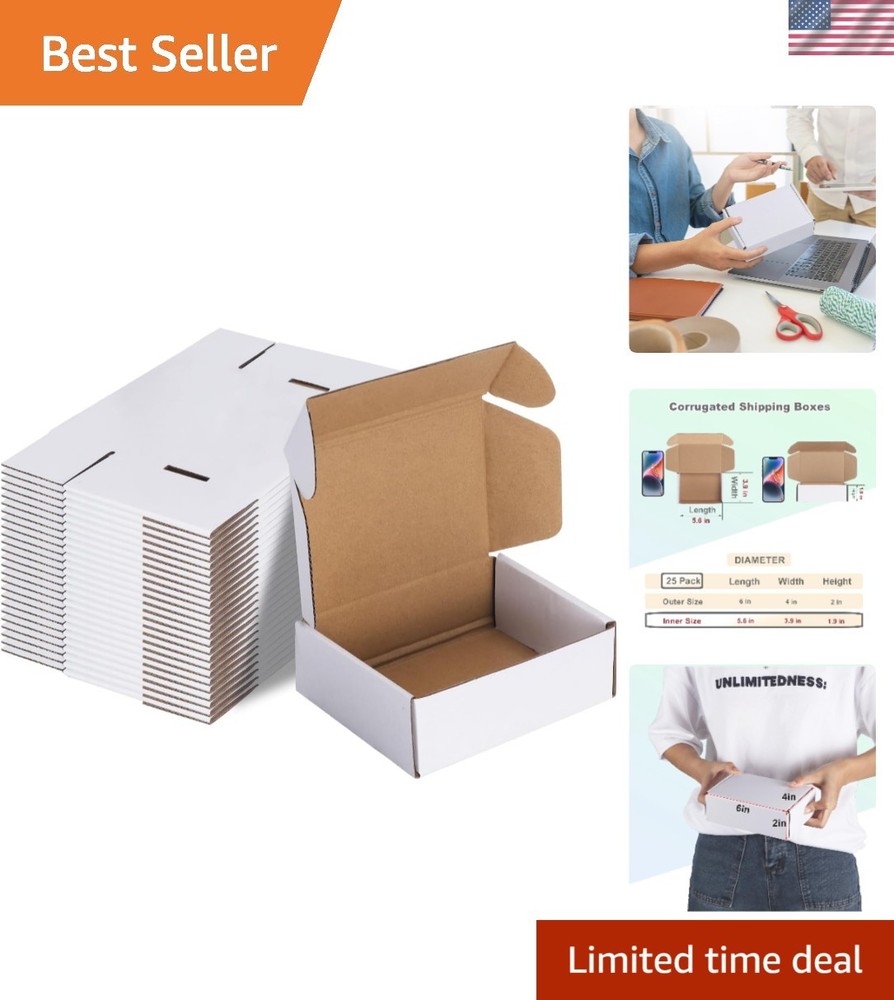 25 Count White Small Shipping Boxes – 6x4x2 Inches, Lightweight & Sturdy Design