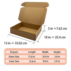 13x10x3 inches Shipping Boxes Set of 20, Brown Corrugated Cardboard Mailers
