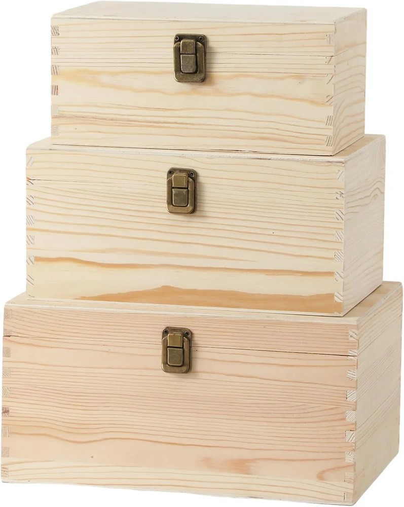 3 Pieces Wooden box 11.6X7.8X6-10.5X6.6X5.2-9.2X5.5X4.3 Inch with Hinged Lids an
