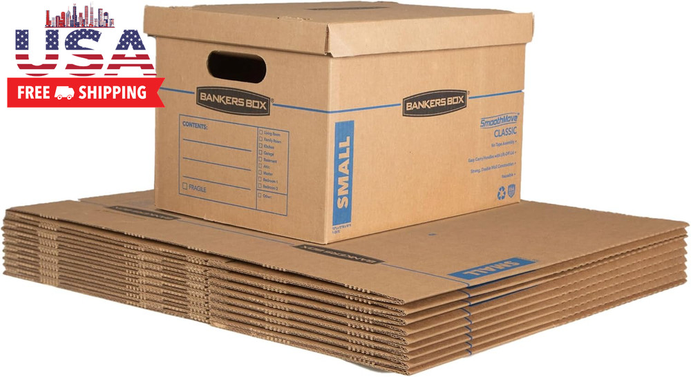 Small Classic Moving Box 10 Pack, Reinforced Handles, Tape-Free Assembly, Box wi